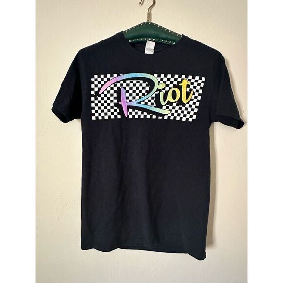 Riot Retro Checker Adult Small Black Short Sleeve Skater Graphic Tee T-Shirt - Picture 1 of 3